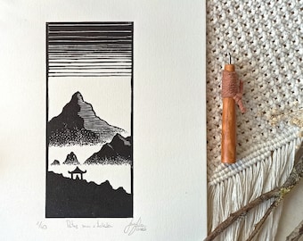 Misty Mountain Linocut Print: Hand-Printed Landscape Wall Art