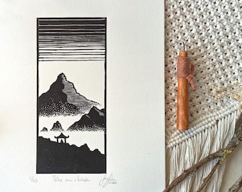 Original linocut artwork, mountain art print, hand printed mountain view, linoprint with mountains, misty mountains, landscape wall decor