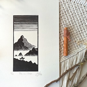 Original linocut artwork, mountain art print, hand printed mountain view, linoprint with mountains, misty mountains, landscape wall decor