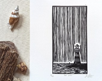 Original linocut artwork, hand printed nautical rain lighthouse, lino print poster, ink art print, nautical decor, IT'S RAINING TODAY