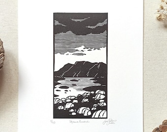 Original Linocut Print: Handmade Mountain Lake Landscape Art