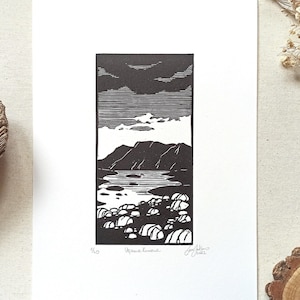 Original linocut print, unique mountains handmade art, landscape print, hand printed wall decoration, lake house decor, ink illustration