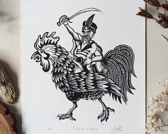 Original linocut TWARDOWSKI NA KOGUCIE, handmade linoprint art, limited edition, polish legend wall decoration, chicken art decor