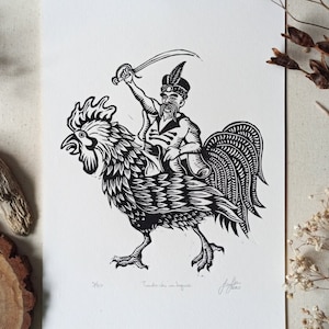 Original Linoldruck TWARDOWSKI NA KOGUCIE, handgemachte Linoldruck Kunst, limitierte Auflage, polnische Legende Wanddekoration, Huhn Kunst Dekor