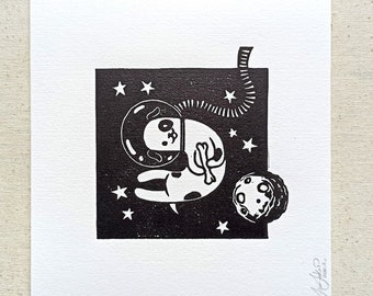 Original linocut space dog, block print illustration of astro doggo, cute puppy art decor for kid bedroom, handmade illustration ASTROPIES