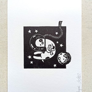 Original linocut space dog, block print illustration of astro doggo, cute puppy art decor for kid bedroom, handmade illustration ASTROPIES