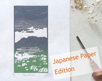Original gradient linocut print, unique mountain handmade art, nordic landscape, Japanese paper wall decoration, lake house decor, stone art