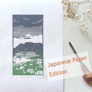 Unique mountains  linocut print, original  handmade art, Nordic landscape, Japanese paper wall decoration,hand crafted lake house decor
