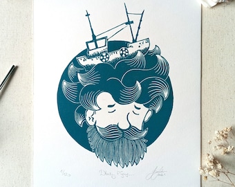 Original nautical linocut print, beardman fisherman with fishing boat, lino print wall artwork, nautical theme, wavy hair illustration