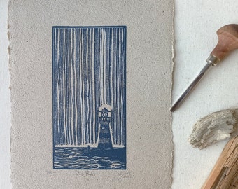 Original linocut artwork, limited to 5 hand printed lighthouse in rain, lino print poster, unique nautical ink decor, IT'S RAINING TODAY