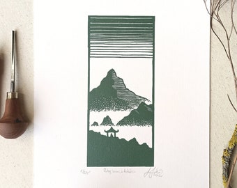 Original linocut artwork, mountain art print, hand printed mountain view, lino print with mountains, misty mountains, landscape wall decor