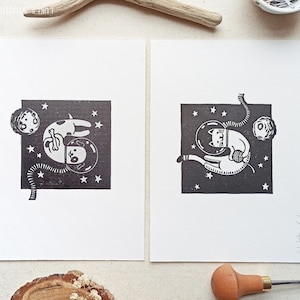 Linocut print set, cat and dog linoprint art space astronaut, original handmade, nursery gift, hand printed wall decoration, ASTRO ANIMALS
