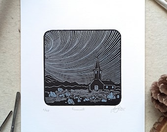 Unique linocut mountain sky print, handcarved art, original linoleum decor, landscape hand pressed wall hanging, steel sky firmament, church