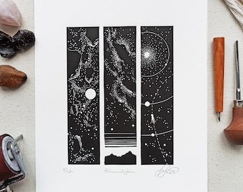 Unique linocut astronautics print, composition of three cosmic lino cuts, science fiction celestial illustration, cosmic triptych, astro art