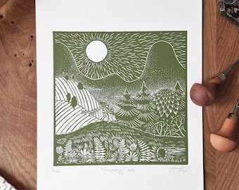 Botanical Olive Linocut Print: Forest Landscape Art