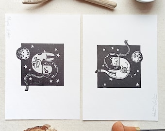 Linocut print set, cat and dog linoprint art space astronaut, original handmade, nursery gift, hand printed wall decoration, ASTRO ANIMALS