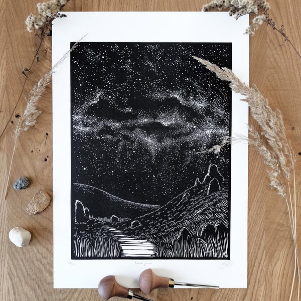 Handmade Celestial Linocut Print, Starry Night Landscape, Black and White Wall Art, Sky Above