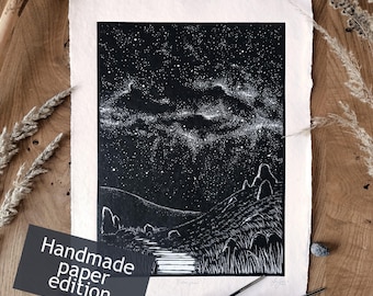 Handmade Linocut Print: Celestial Starry Night Landscape Art, Handmade Paper, Sky Above