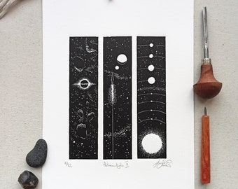 Astro II, linocut astronautics print, composition of three cosmic lino cuts, science fiction celestial illustration, cosmic triptych art