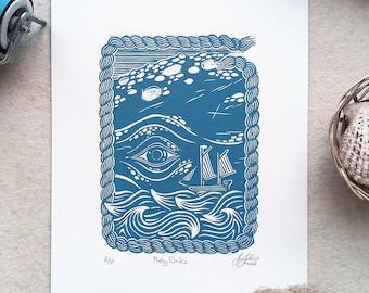 Original linocut MOBY DICK, whale lino print, poster linocut gift for sea lovers, handmade picture for wall decor, unique sea monster art