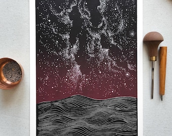 Crimson Sky Linocut Print: Astronautyka III, Cosmic Pointillism Art