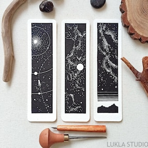 Unique linocut cosmic bookmark, unique sci-fi astronautics hand printed bookmarks for book lover, book accessory with celestial space image 1