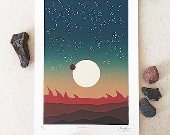 Unique cosmic space linocut, handmade sci-fi lino print art, red rocks landscape, starry sunset sky, celestial wall decoration