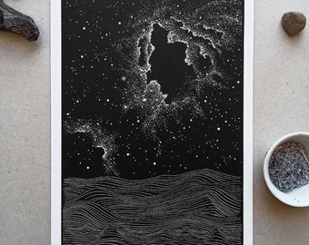 Unique Astronautyka V print, cosmic linocut astronautics artwork, science fiction celestial illustration, pointilism dot work, astro art