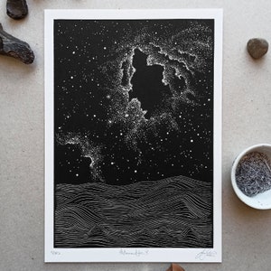 Unique Astronautyka V print, cosmic linocut astronautics artwork, science fiction celestial illustration, pointilism dot work, astro art