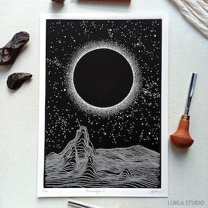 Black Eclipse Linocut Print – Handmade Cosmic Astronomy Wall Art (Astronautyka IV)