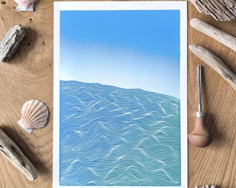 Open Ocean Linocut Print — Blue Wave Wall Art, Hand Carved Sea Landscape, Minimalist Coastal Decor