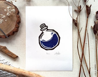 Original linocut illustration MANA, simple decoration for fantasy lovers, handmade print art for wall decorating, magical potion picture