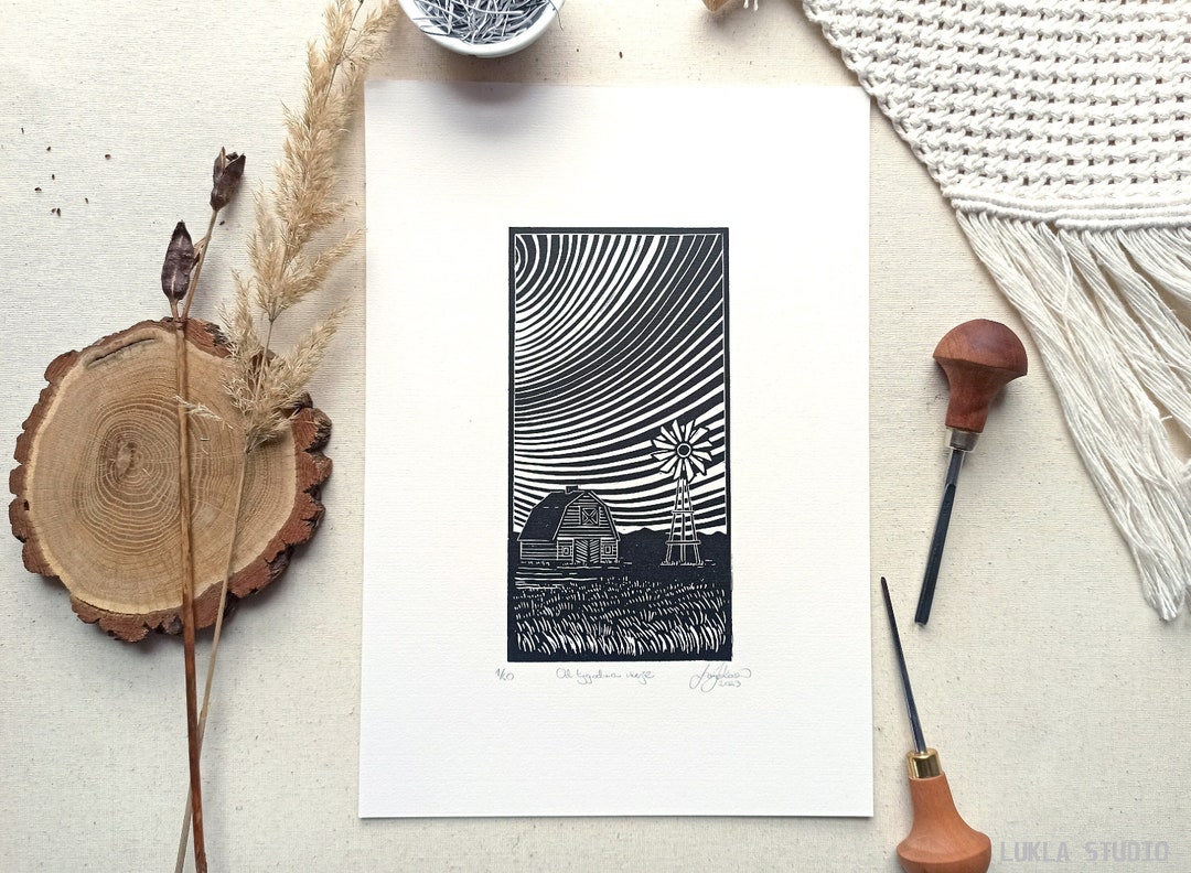 Grand Prairie Landscape Linocut Unique Print Art Hand Etsy