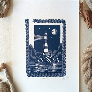Original linocut print, lighthouse blue art, handmade illustration sea lovers, coastal decor, room decoration idea, LIGHTHOUSE II image 2