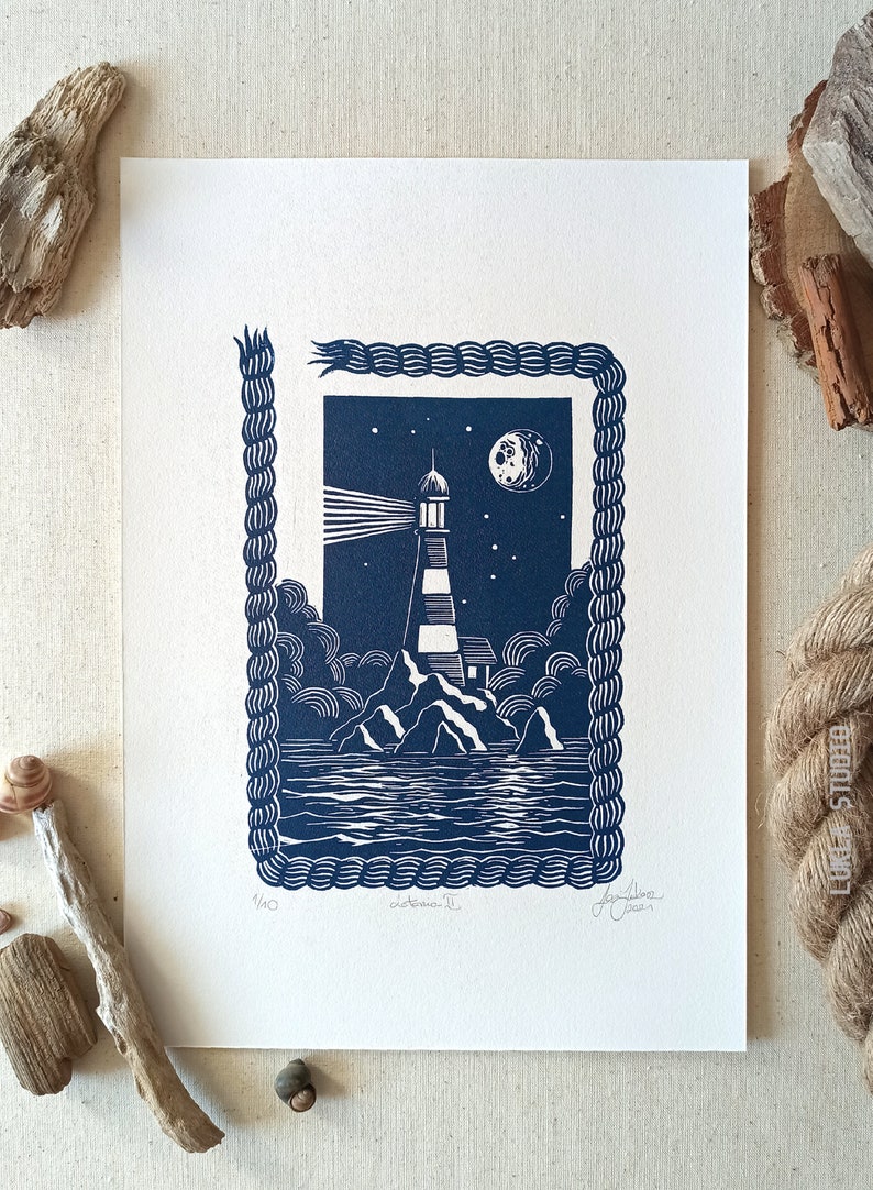 Original linocut print, lighthouse blue art, handmade illustration sea lovers, coastal decor, room decoration idea, LIGHTHOUSE II image 2