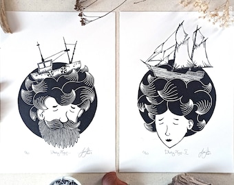 Linocut print set of two, nautical unique linoprint artwork, bearded fisherman portrait, woman portrait, ship and fishing boat illustrations