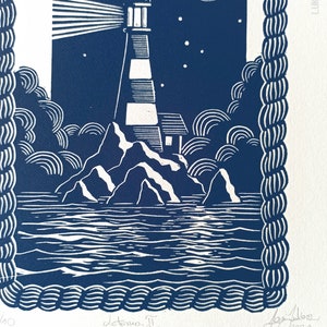 Original linocut print, lighthouse blue art, handmade illustration sea lovers, coastal decor, room decoration idea, LIGHTHOUSE II image 5