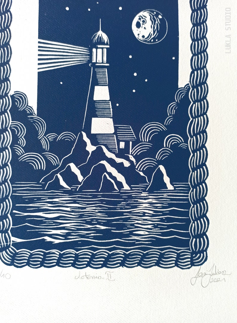 Original linocut print, lighthouse blue art, handmade illustration sea lovers, coastal decor, room decoration idea, LIGHTHOUSE II image 5