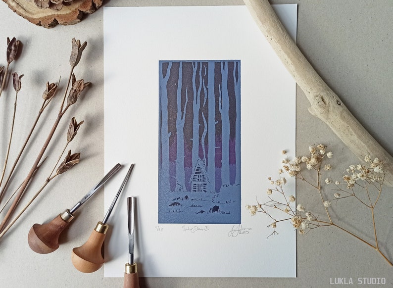 Unique multicolor linocut artwork, wall decoration dark forest print, lino print poster, ink art, color print of woods, deep forest decor image 1