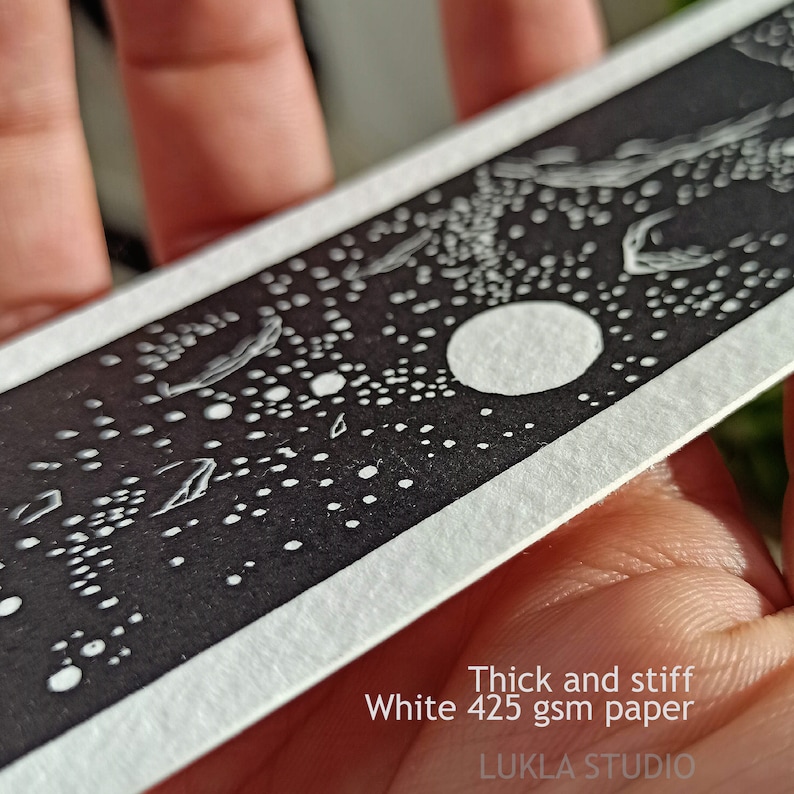 Unique linocut cosmic bookmark, unique sci-fi astronautics hand printed bookmarks for book lover, book accessory with celestial space image 4
