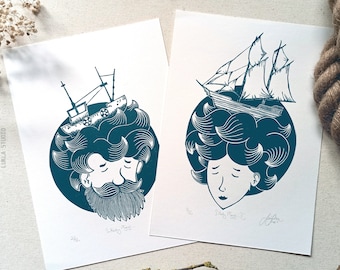 Original portrait linocut set of 2 prints, nautical linocut print, sailing ship decoration, lino print artwork, teal blue wall decorations