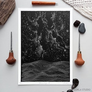 Impresión única de Astronautyka III, obras de arte astronáutica de linograbado cósmico, ilustración celestial de ciencia ficción, trabajo de puntos de puntillismo, arte astro