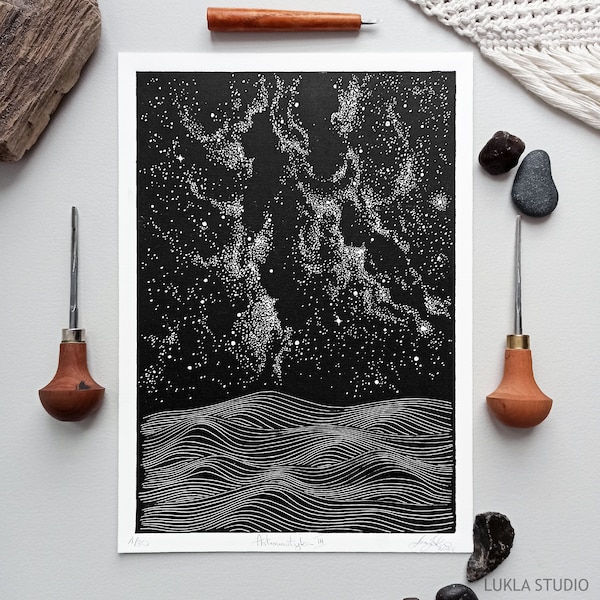 Original Linocut Print Astronautyka III : Cosmic Lino Artwork, Celestial Illustration, Pointillism Science Fiction Art