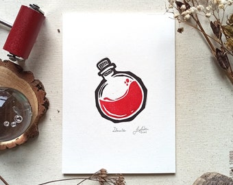 Original linocut illustration HEALTH, simple gift for fantasy and RPG lovers, handmade print art for wall decorating, magical potion