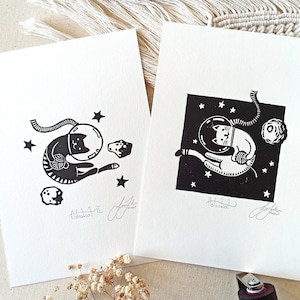 Ensemble d'impressions linogravure, art animalier linogravure, chat astronaute de l'espace, illustration mignonne originale, cadeau de chambre d'enfant, décoration murale imprimée à la main, ASTROCATS
