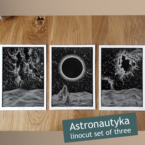Cosmic Linocut Print Set of Three: Pointillism Sci-fi Art