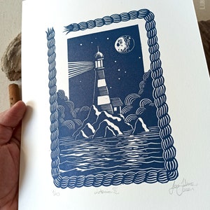 Original linocut print, lighthouse blue art, handmade illustration sea lovers, coastal decor, room decoration idea, LIGHTHOUSE II image 4