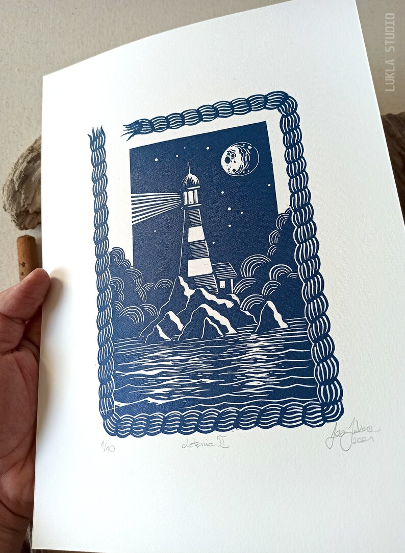 Original linocut print, lighthouse blue art, handmade illustration sea lovers, coastal decor, room decoration idea, LIGHTHOUSE II image 4