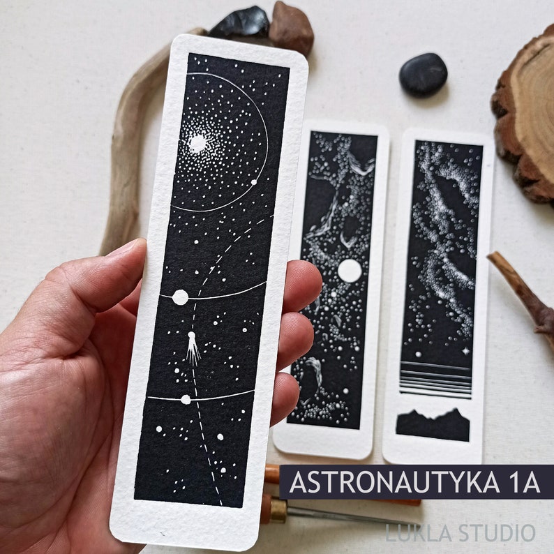 Unique linocut cosmic bookmark, unique sci-fi astronautics hand printed bookmarks for book lover, book accessory with celestial space image 5