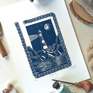 Original linocut print, lighthouse blue art, handmade illustration sea lovers, coastal decor, room decoration idea, LIGHTHOUSE II image 6